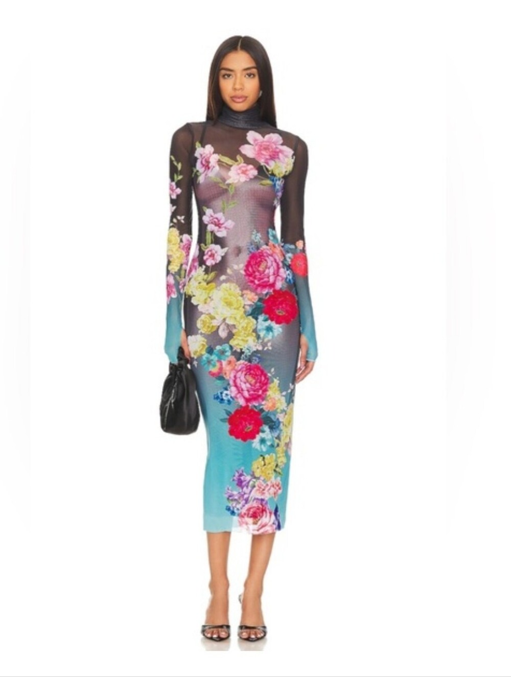 AFRM Floral Mesh Turtleneck Midi Dress Ombré Black to Turquoise